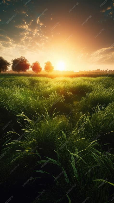 Premium Ai Image Green Fields Sunrise With Sunrays Generative Ai