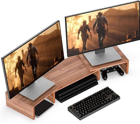 Well Weng Dual Monitor Riser Bambo Adjustable Length And Angle Pc Stand