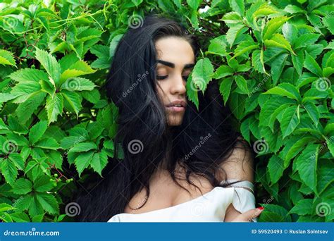 Beautiful Brunette In Green Leaves Stock Image Image Of Sexuality