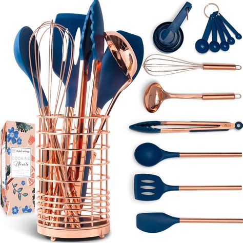 Styled Settings Copper And Blue Silicone Kitchen Utensils Set Pc Set