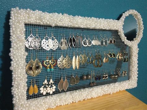 Beaded Earring Holder With Mirror Frame Chicken Wire Mirror And A