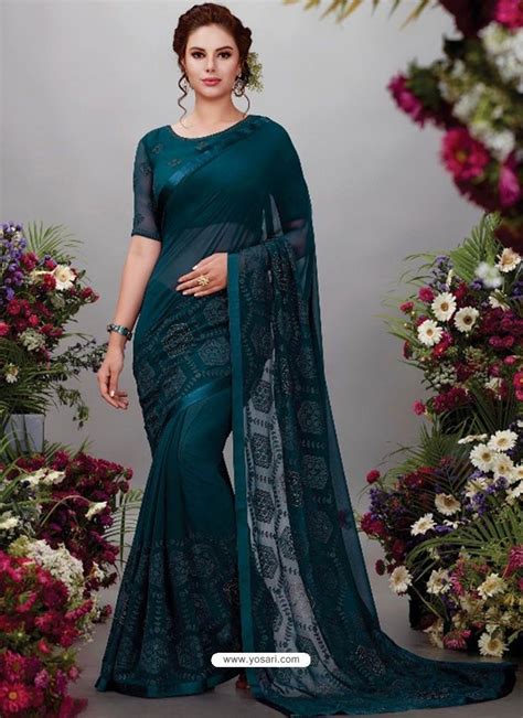 Teal Blue Georgette Designer Embroidered Party Wear Saree Chiffon Saree Party Wear Fancy Sarees