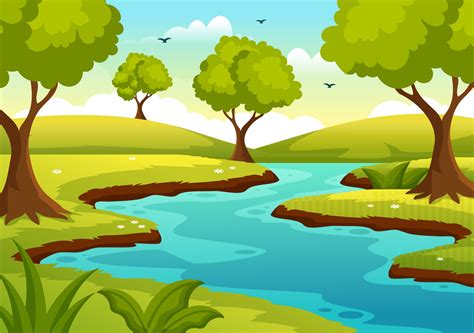 River Landscape Illustration With View Mountains Green Fields Trees