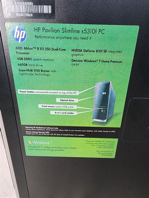 Hp Pavilion Slimline S5310f Amd Athlon X2 250 4gb Ram 640gb Hdd Optical