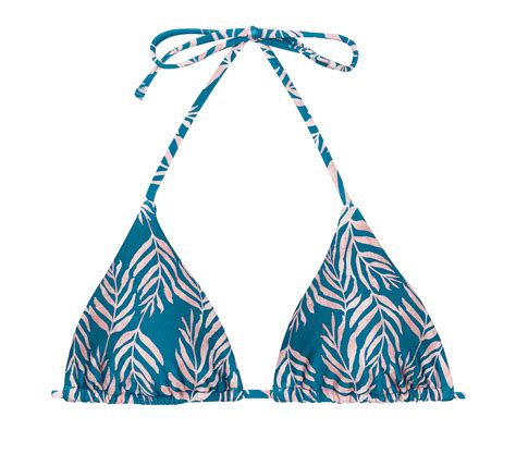 Top De Bikini Triangular Corredizo Azul Con Estampado De Hojas Top