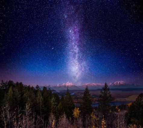Landscape Forest Mountains Night Galaxy Nature Long Exposure