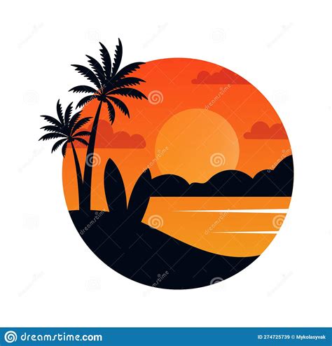 Palms On Beach Sunrise Round Badge Stock Vector Illustration Of