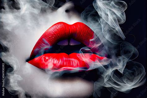 Womans Lips Blowing Smoke Clouds Generative Ai Image Made To Look Like Photorealistic Macro