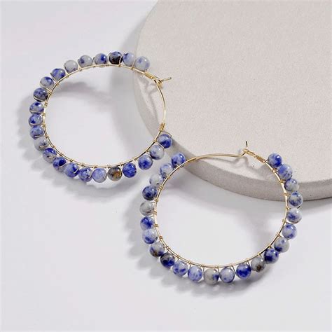 Aliexpress Com Buy Blue Natural Stone Beads Wrapped Hoop Earrings
