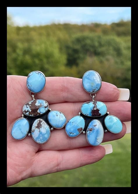 Navajo Golden Hill Turquoise Cluster Ss Earrings Bernita Begay Ebay