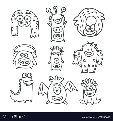 Cute Monsters Cartoon Doodles Isolated Royalty Free Vector