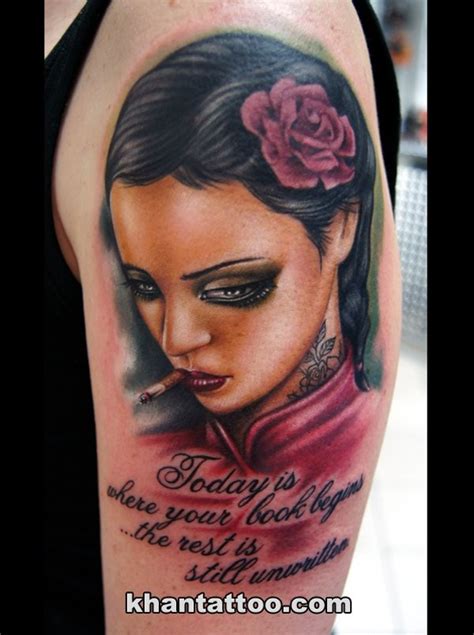 Smoking Pretty Tattooed Lady Colored Realistic Tattoo On Shoulder With Wise Lettering From Song