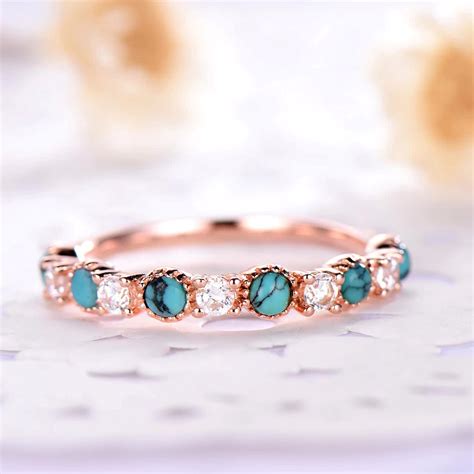 Turquoise Wedding Band Turquoise With CZ Diamonds Ring Etsy