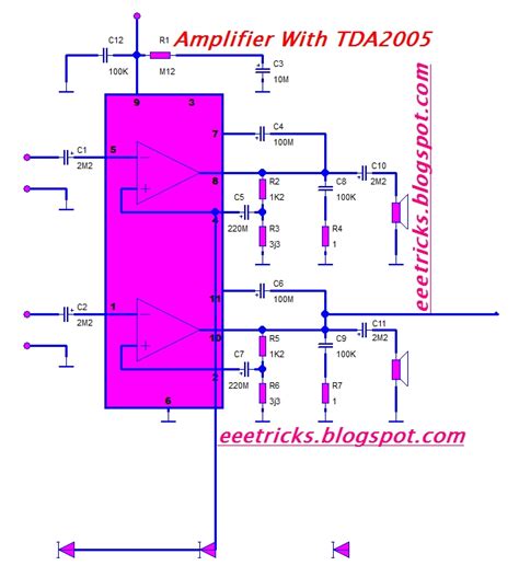 Tda2003 amplifier circuit diagram built for 8ω speaker and this circuit can provide upto 10 watts output, you can apply 6 to 12v power supply to this circuit. eeetricks.blogspot.com: Amplifire With TDA 2005 Circuit Diagram
