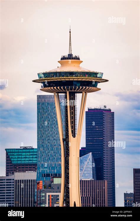 Seattle Skyline Panorama With The Seattle Space Needle At Sunset View