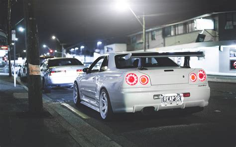 Photo Nissan Skyline R34 Gt R White Cars Back View Night 3840x2400