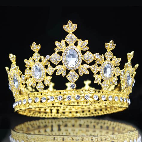 gold crystal royal bridal tiara crown full round queen vintage crown women prom hair ornaments