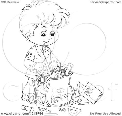Clipart Of A Black And White School Boy Packing Supplies In A Bag