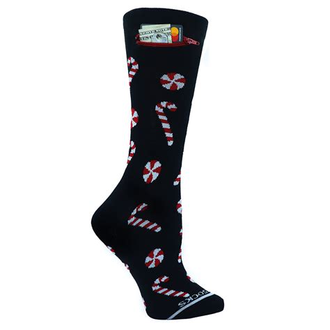 Candy Canes On Black Pocket Socks Womens One Size