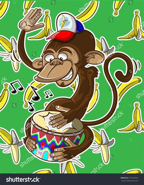Cute Little Monkey With Trucker Caps Playing Traditional Drum Cartoons