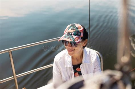 Portrait Of A Smiling Woman On A Yacht Stock Photo Image Of Sail