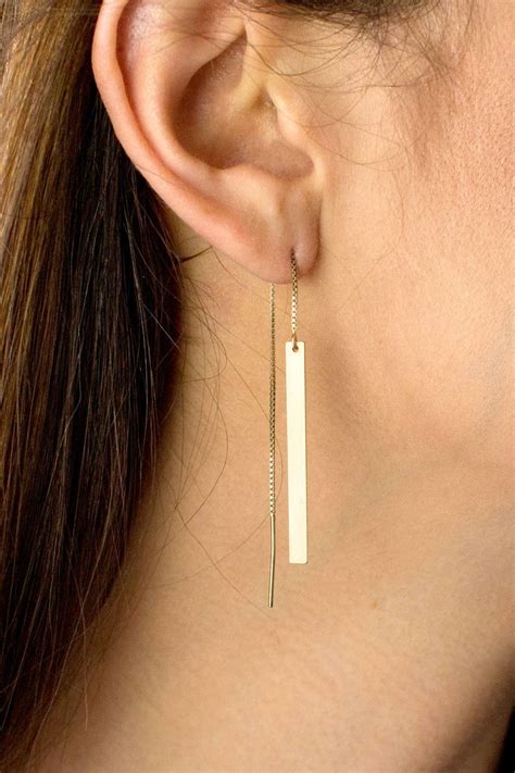 Gold Bar Threader Earrings Long Dangle Earrings Dainty Bar Drop