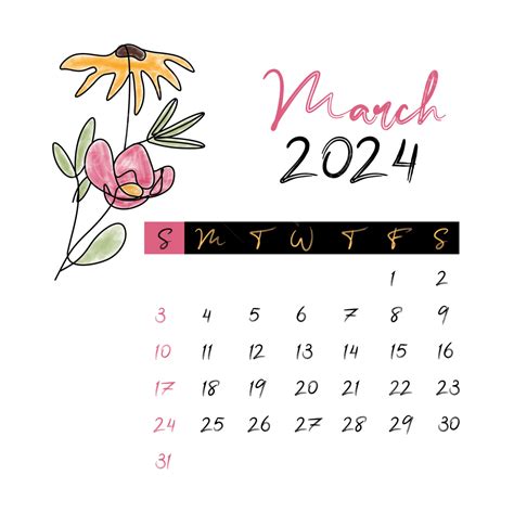 Maart 2024 Bloemen Maandelijkse Kalender Transparante Achtergrond