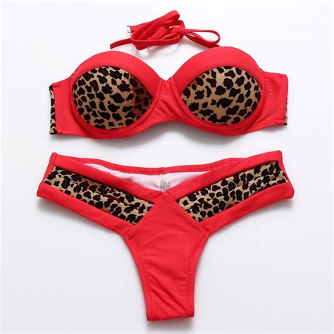 Leopard Swimwear Thong Bathing Suit Bikini Set Bandeau Swimsuit Push Up Swimsuit Bikini Set