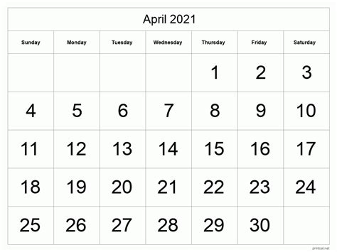 Printable April 2021 Calendar Big Dates