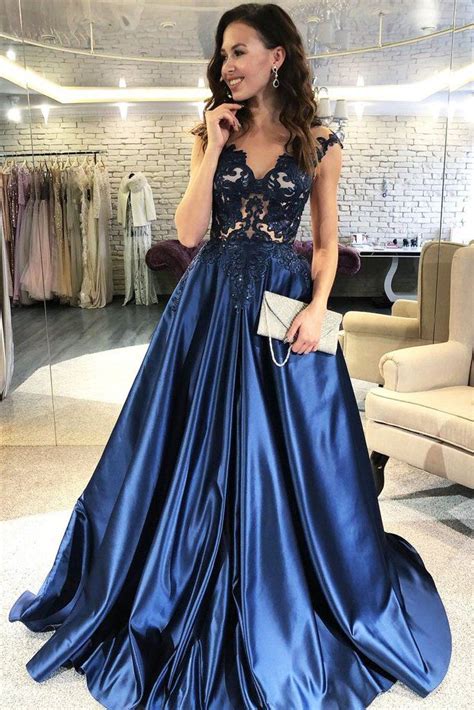 lace v neckline navy blue evening dress with satin skirt prom dresses blue cheap evening