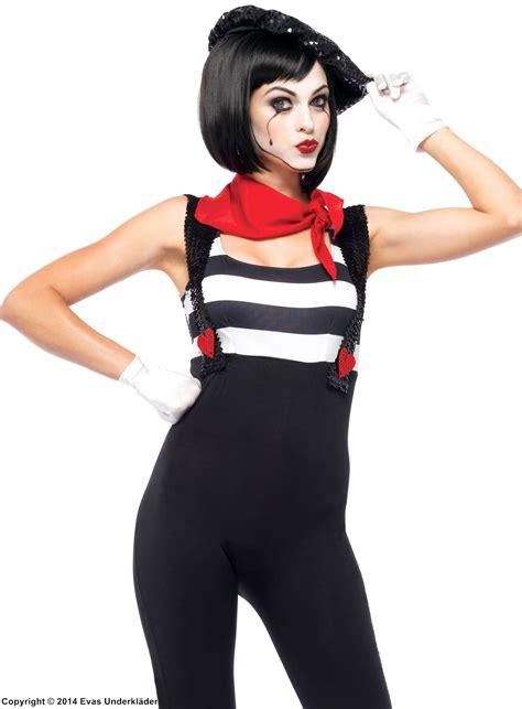 Female Mime Body Costume Sequins Suspenders Heart Vertical Stripes