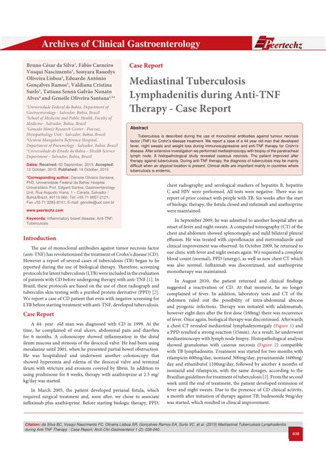 Pdf Mediastinal Tuberculosis Lymphadenitis During Anti Tnf Therapy