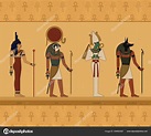 Illustrations of the gods of ancient Egypt. Isis, Ra, Osiris and Anubis ...