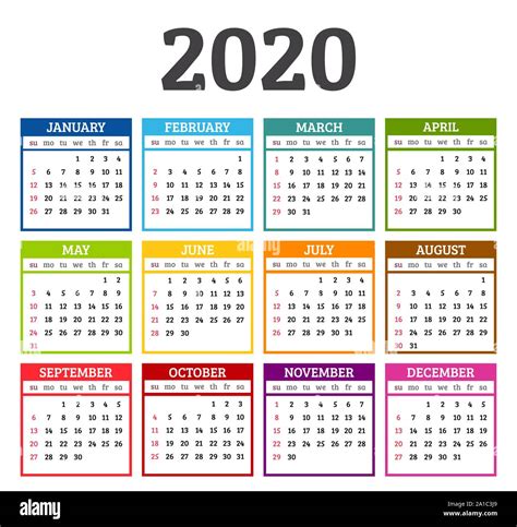 Colorful Calendar 2020 Year Week Starts From Sunday Vector