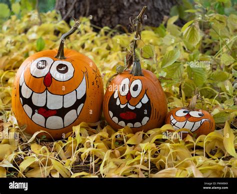 Three Smiling Painted Jack O Lantern Pumpkins A Large Medium And
