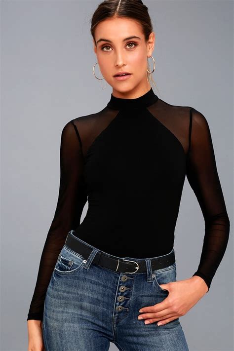 Sexy Black Mock Neck Bodysuit Mesh Long Sleeve Bodysuit