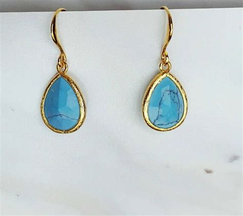Turquoise Tear Drop Earrings Petite Gold Framed Turquoise