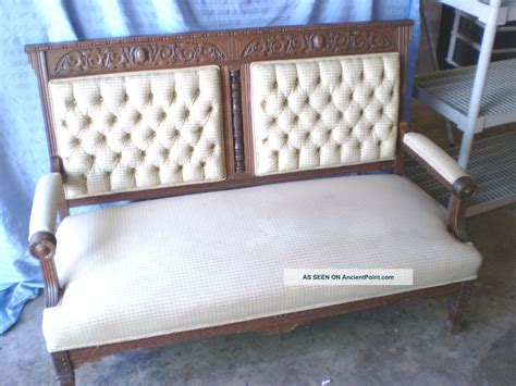 Settee Love Seat Antique Eastlake Carved Walnut Button Tuck Upholstery