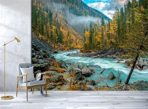 River Wall Mural Autumn Forest Wallpaper Large Photo Etsy