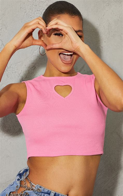 Baby Pink Rib Heart Cut Out Crop Top Prettylittlething Usa