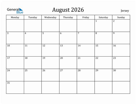 August 2026 Jersey Monthly Calendar With Holidays