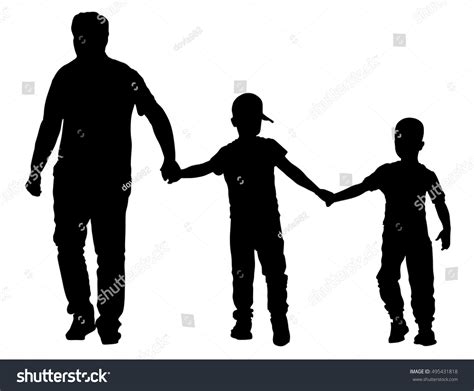 Vektor Stok Grandfather Grandsons Hold Hands Walking Silhouette Tanpa