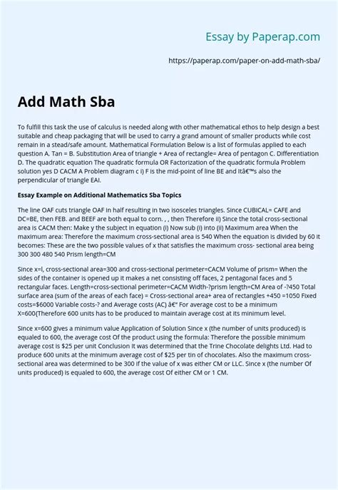 Additional Mathematics Sba Topics Essay Sample