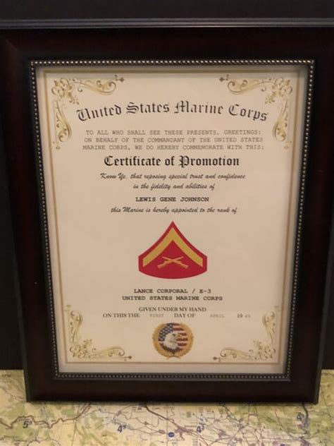 Usmc Lance Corporal E 3 ~ Commemorative Promotion Certificate Ebay