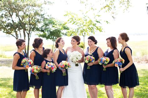 Navy Bridesmaid Dresses With Colorful Bouquets