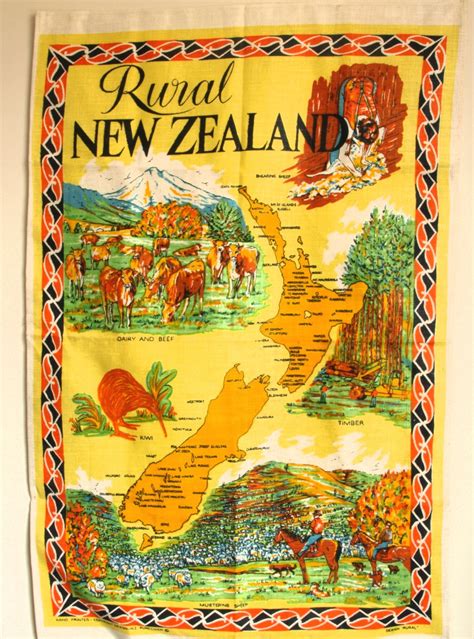 Vintage 60s New Zealand Rural Souvenir Tea Towel Pure Linen Tea Towel