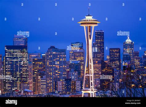 Seattle City Lights At Night The Skyline With Space Needle Seattle