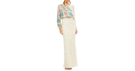 Mac Duggal Embellished Sequin Long Sleeve Blouson Gown In White Lyst