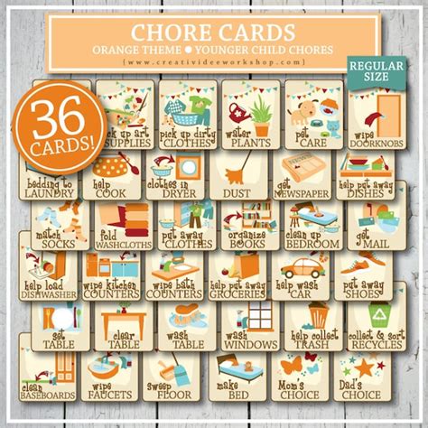 Printable Chore Cards For Younger Children Orange 36 Cards Etsy