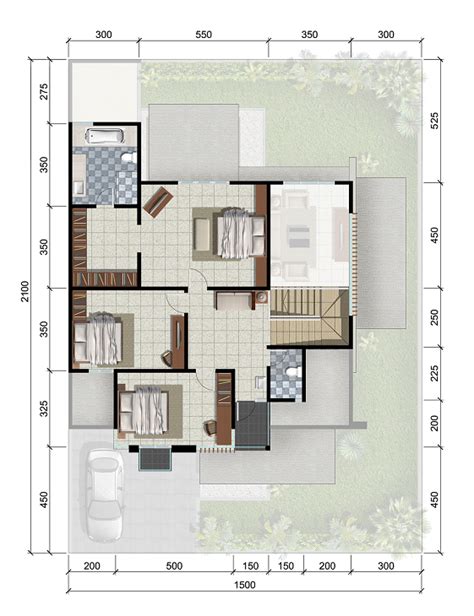 Denah rumah berbagai type, 1 lantai dan 2 lantai. Denah rumah minimalis ukuran 15x21 meter 5 kamar tidur 2 ...